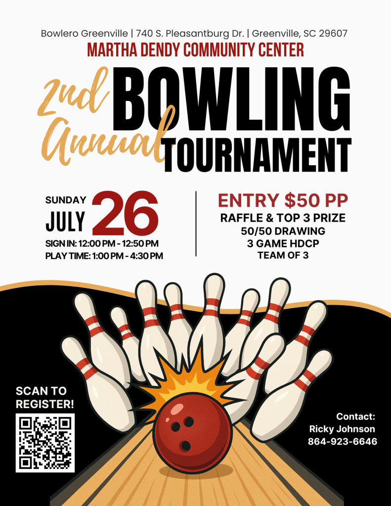 Bowling tournament flyer for the fundraiser held on July 26, 2026 at Bowlero Greenville. Event is from 12:00 - 4:30 pm. Entry is $50 per person.