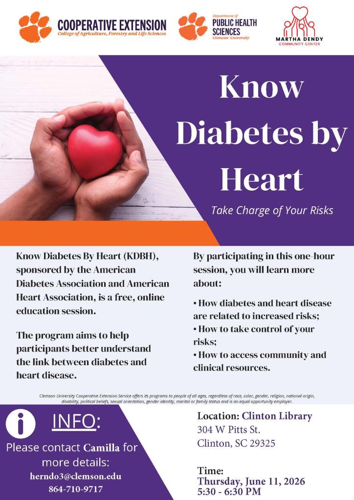 Event flyer about the know diabetes by heart program being held at clinton public library on june 11 2026 from 5:30 pm to 6:30 pm.